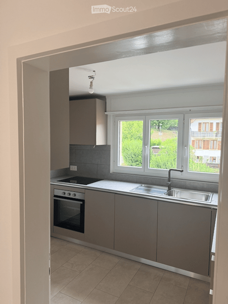 Modern kitchen with grey cabinets, a stove, oven, sink, and large windows overlooking a green area.