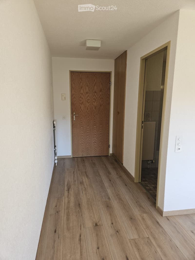 Empty hallway with wooden flooring, white walls, and two doors leading to other rooms.