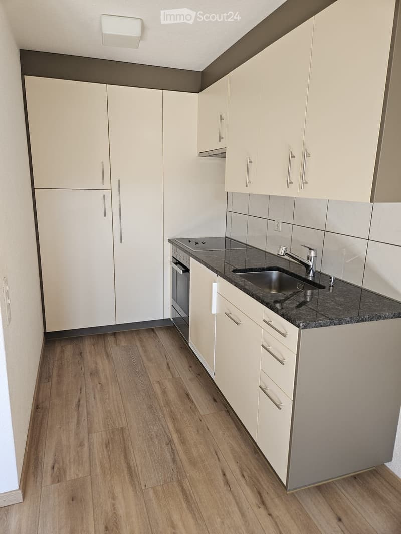 Modern kitchen with light-colored cabinets, a dark countertop, a sink with a faucet, and an oven. The floor is made of light wood.
