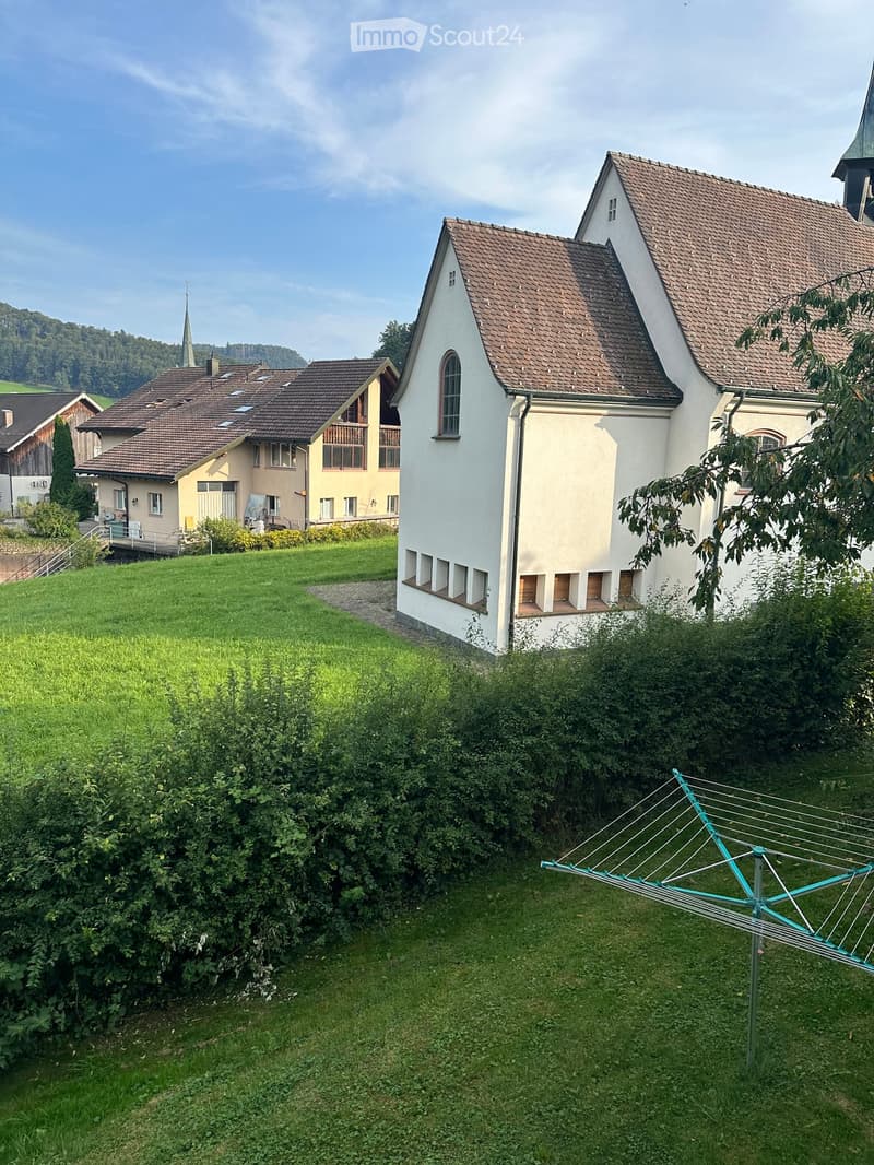A well-maintained garden with a clothesline, surrounded by greenery and neighboring houses with sloped roofs and balconies.