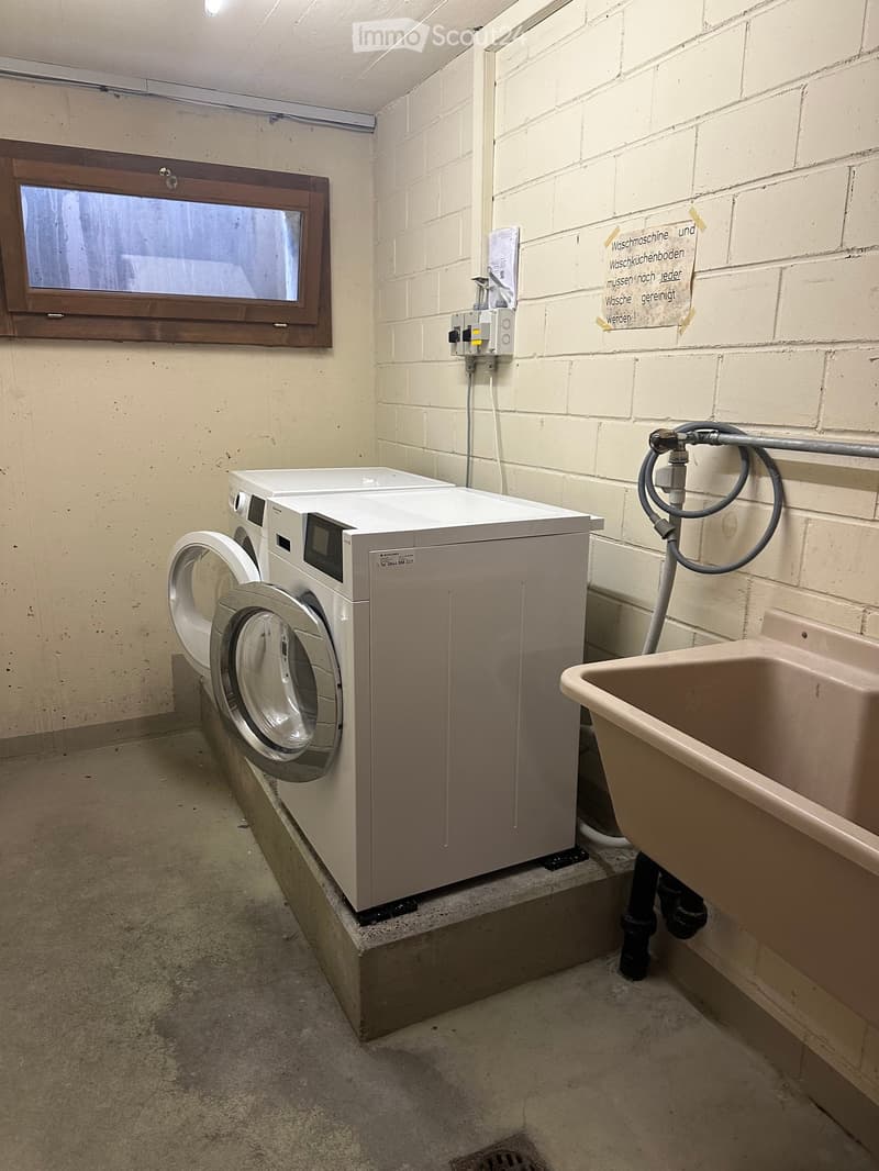 Bathroom with a washing machine and a sink, featuring brick walls and a window.