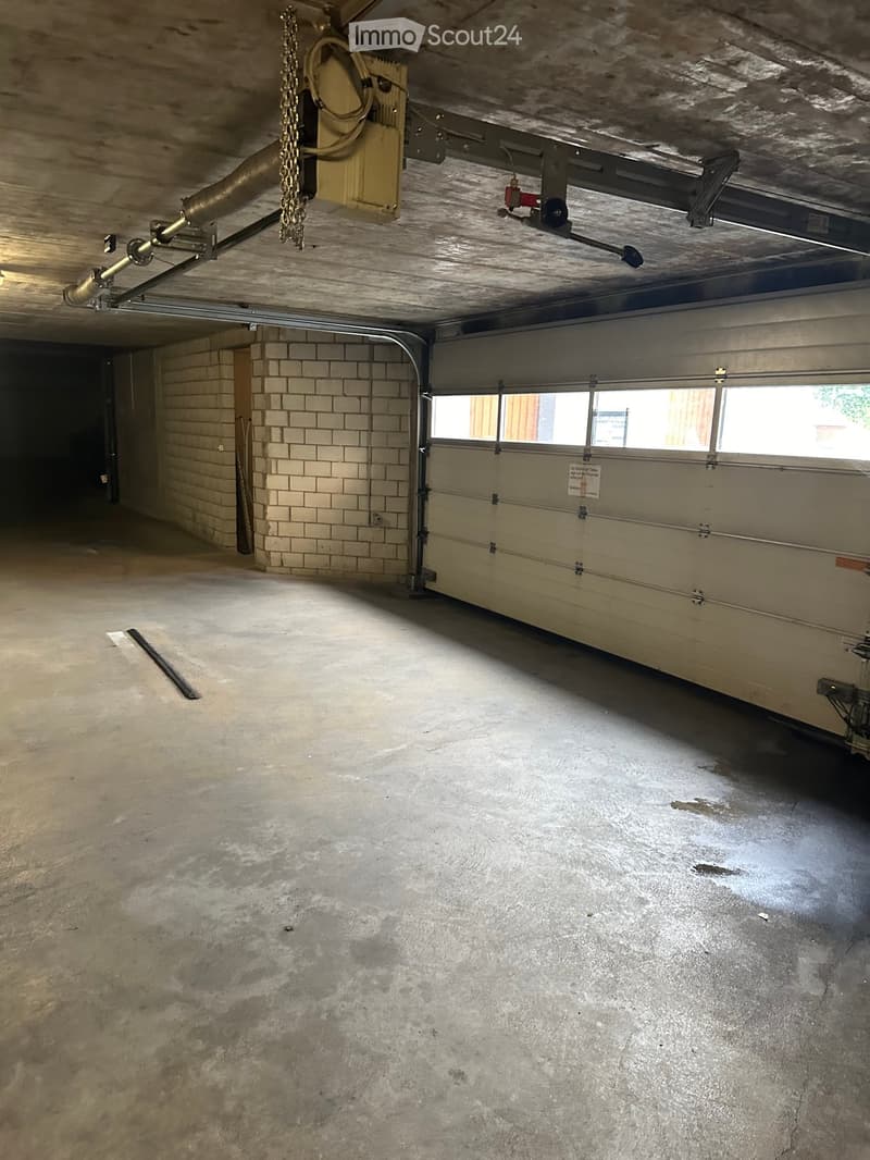Empty garage with concrete floor, brick wall, and closed garage door. No furniture or equipment present.