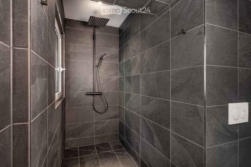 Modern bathroom with dark grey tiles, a large showerhead, and a sleek shower hose. The walls and floor are covered in matching dark grey tiles, and the ceiling features a recessed light fixture.