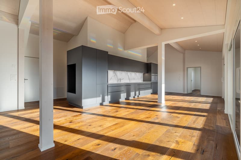 Modern, minimalist kitchen with dark grey cabinets, a marble backsplash, and a wooden floor. The space is bright with natural light streaming in, creating a clean and contemporary look.
