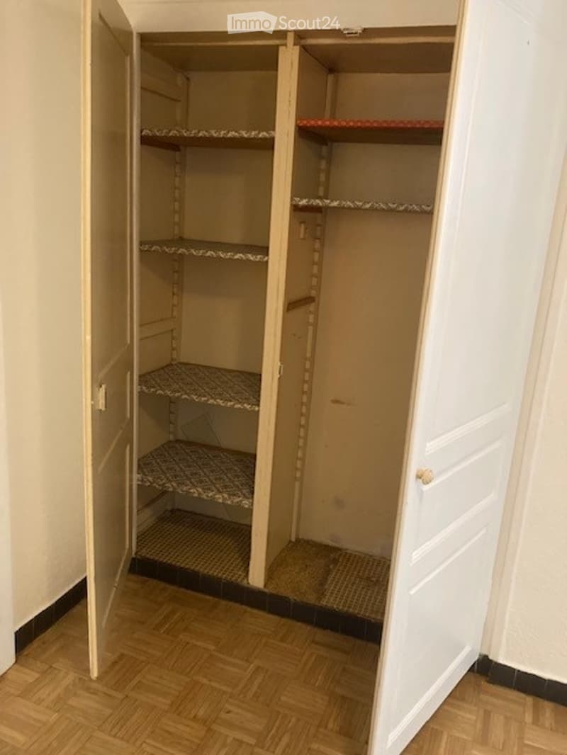 Empty closet with wooden shelves and patterned carpeting on the floor.