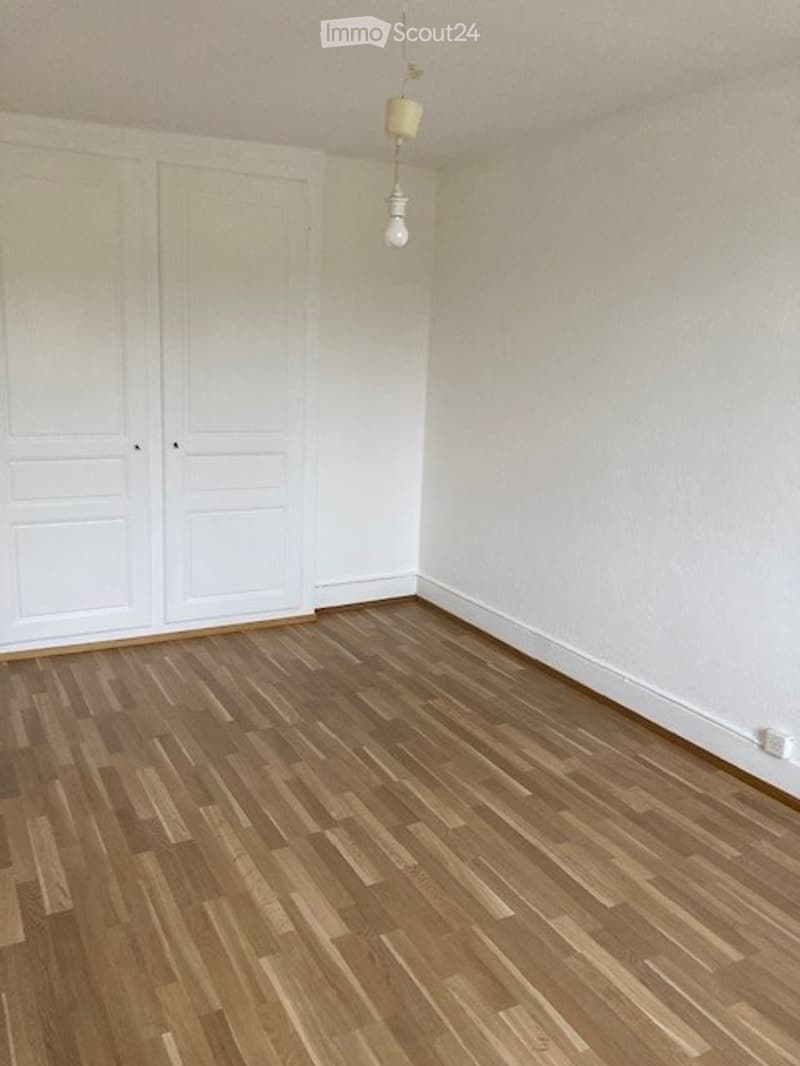 Empty room with wooden flooring and white walls, featuring a built-in wardrobe and a single pendant light fixture.