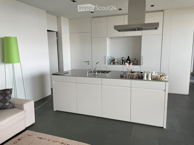 Modern kitchen with white cabinets, island, and stainless steel appliances. Includes a sofa, floor lamp, and various kitchen items on the island.