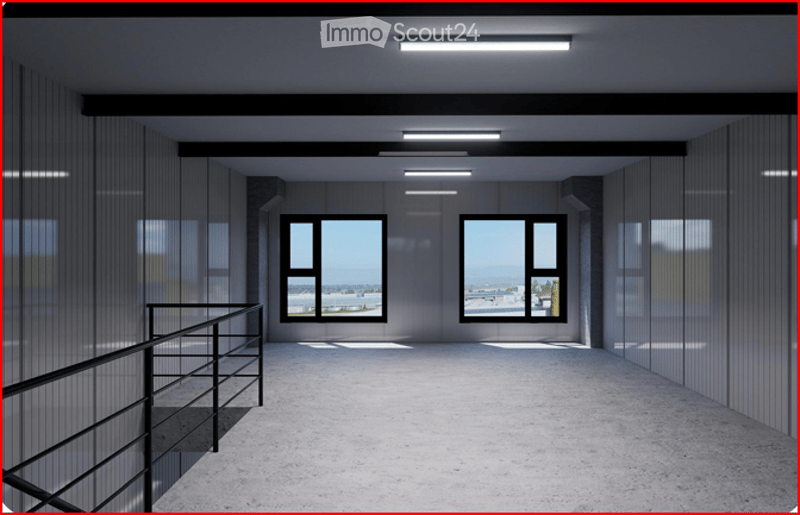 Empty hallway with grey walls, large windows, and a metal railing on one side.