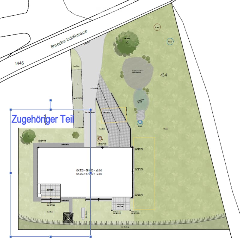 Floor plan of a residential plot showing building outlines, green spaces, and surrounding area with labeled dimensions and levels.
