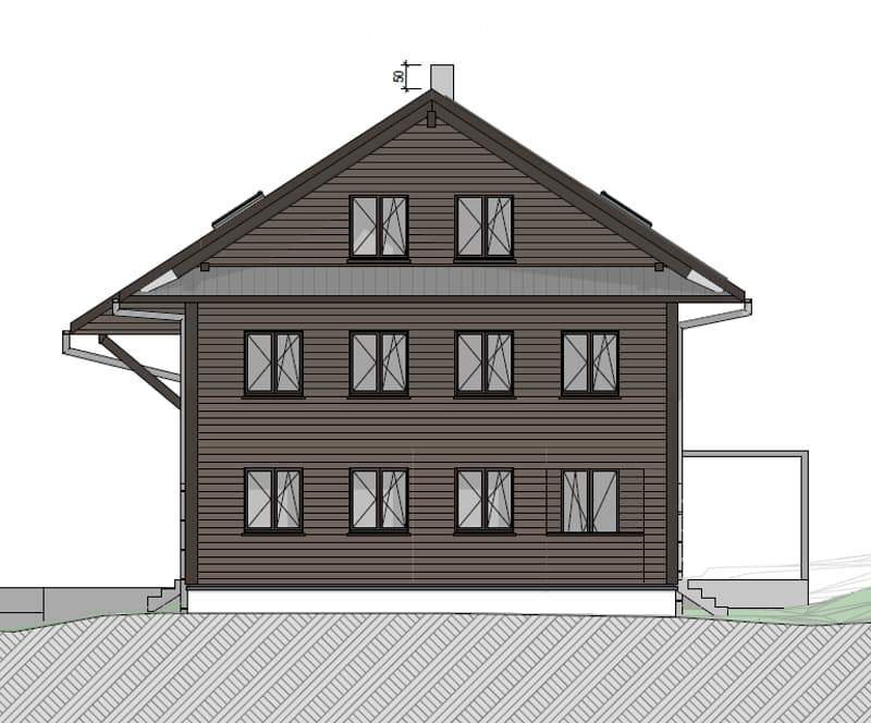 Two-story house with dark brown wooden exterior, multiple windows, and a raised ground floor.