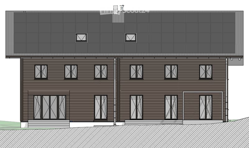 Floor plan of a two-story building with multiple windows and a flat roof. The ground floor features large windows and doors, while the upper floor has smaller windows and a small chimney.