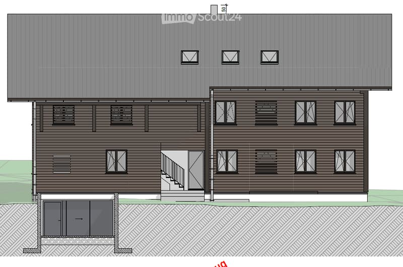 Two-story building with a raised ground floor, wooden exterior, multiple windows, and a staircase leading to the entrance.