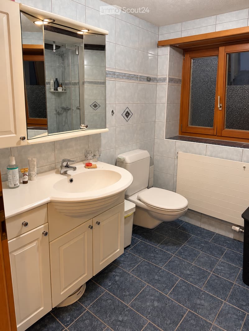 Modern bathroom with a white sink, chrome faucet, toilet, large mirror, and a glass-enclosed shower. Blue tiled floor and white tiled walls.