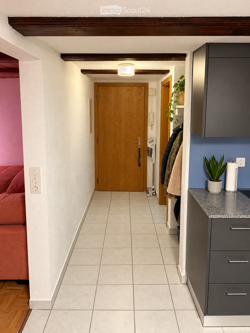 Narrow hallway with white tiled floor, wooden ceiling beams, and grey cabinets on the right side. A potted plant and a water dispenser are visible on the counter.