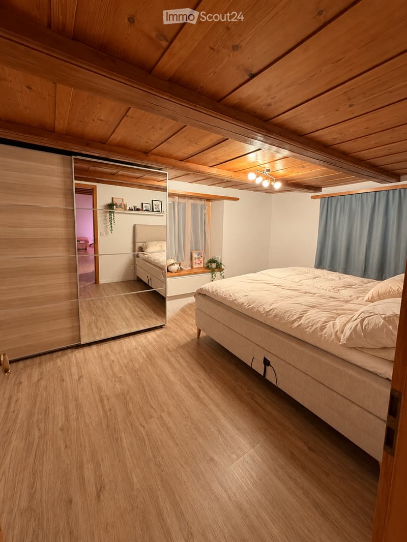 Modern bedroom with wooden floors and slanted wooden ceiling, featuring a large bed with white bedding, a mirrored wardrobe, and a small nightstand with a potted plant and picture frame.