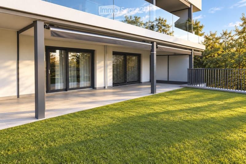 Modern house exterior with a spacious patio area, large sliding glass doors, and a well-maintained lawn.
