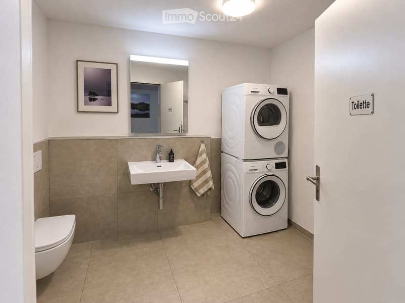 Modern bathroom with a white sink, toilet, stacked washing machine and dryer, mirror, and a framed picture on the wall.