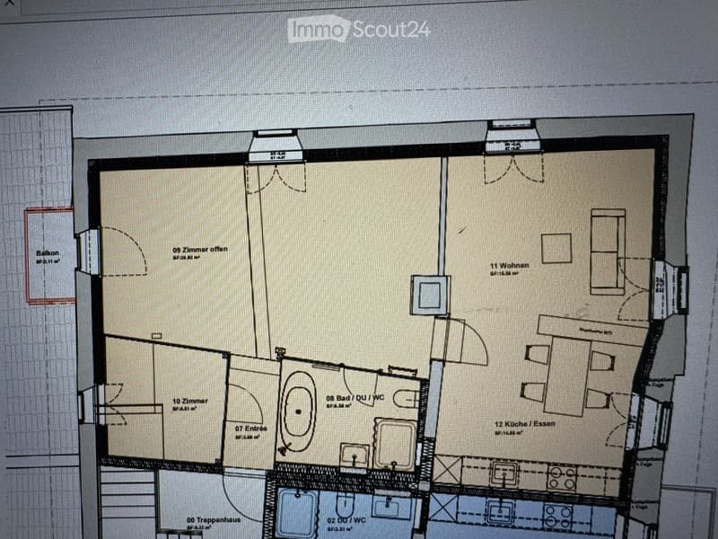 Floor plan showing a multi-room layout including a living room, kitchen, bedrooms, bathrooms, and a balcony.