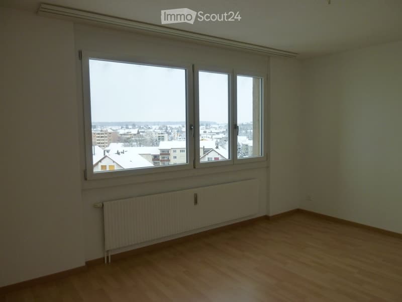 Empty room with wooden flooring, large windows offering a view of a snowy landscape, and a radiator below the windows.