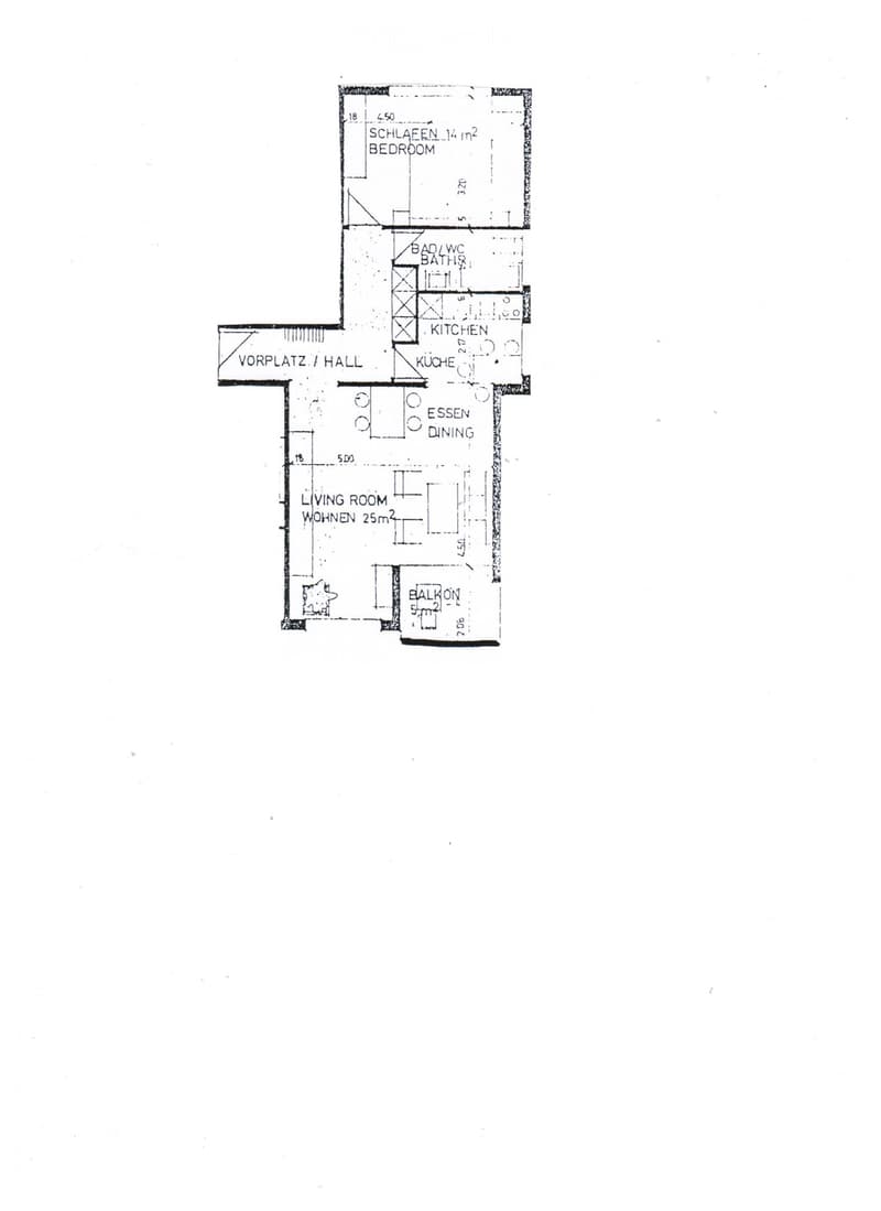 Floor plan showing a living room, kitchen, dining area, bedroom, bathroom, and balcony.