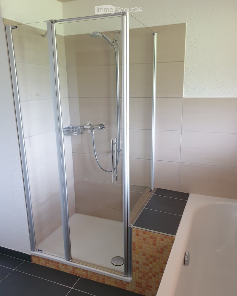 Modern bathroom with a bathtub, glass-enclosed shower, and tiled walls and floor.