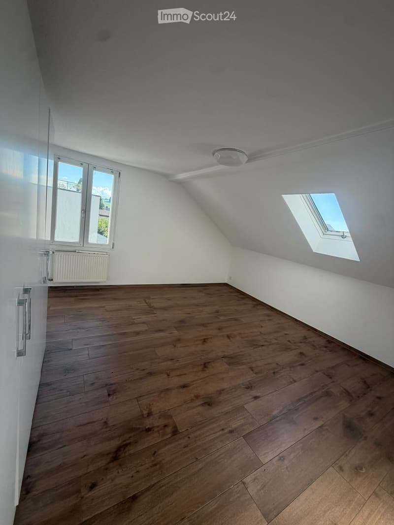 Empty attic room with wooden flooring, white walls, and skylight windows, featuring a radiator and a ceiling light fixture.