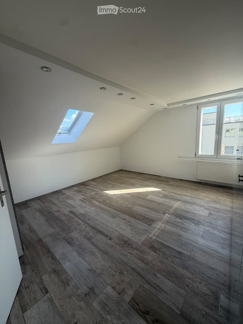 Empty attic room with wooden flooring, white walls, skylight window, and large window with radiator below.