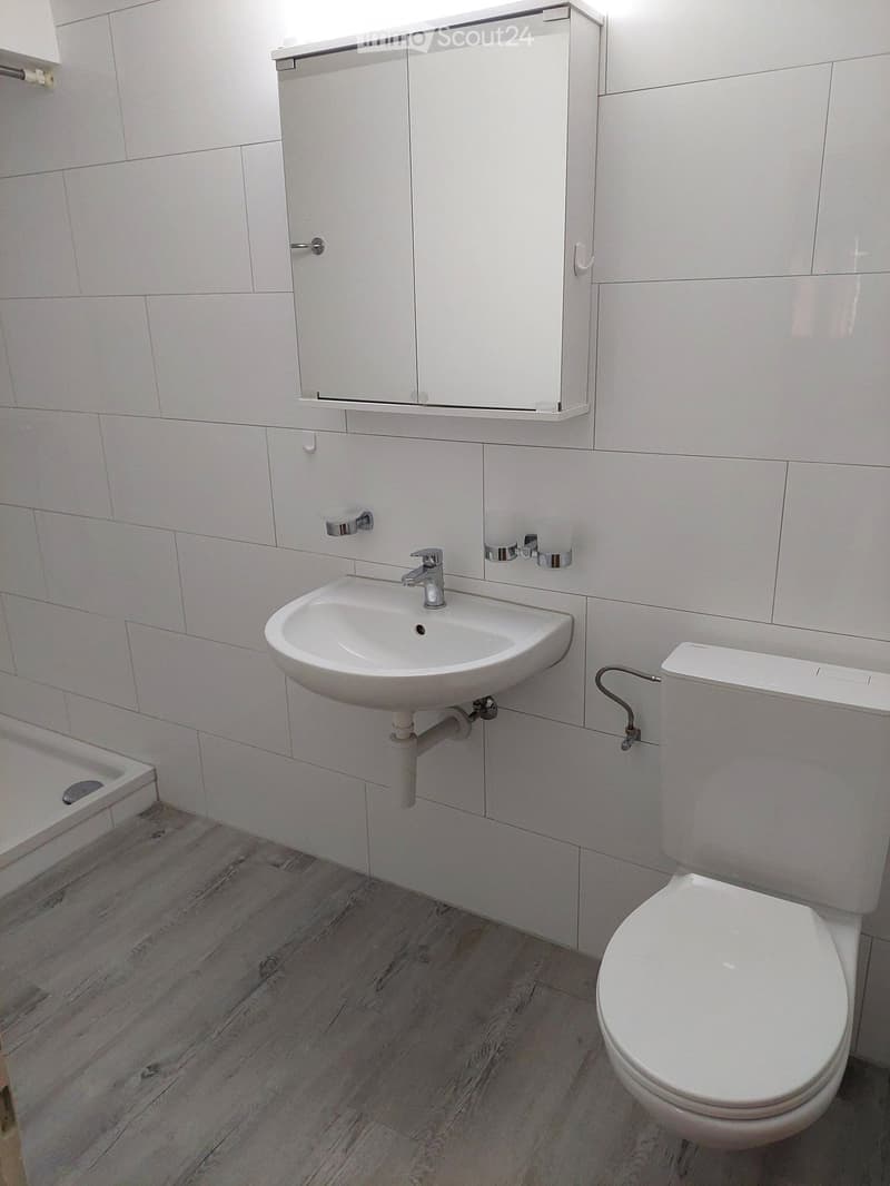 Modern bathroom with white tiles, a white sink, a toilet, a mirror cabinet, and a small bathtub in the corner.