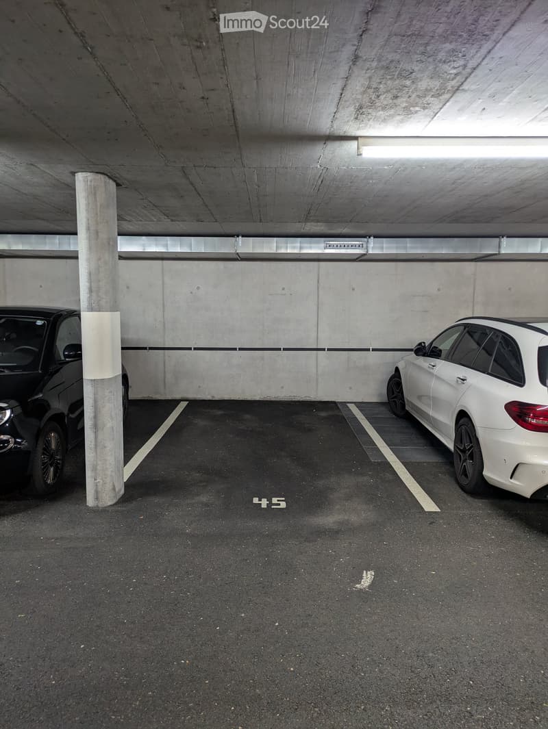 Underground parking area with two parked cars, concrete pillars, and marked parking spaces.