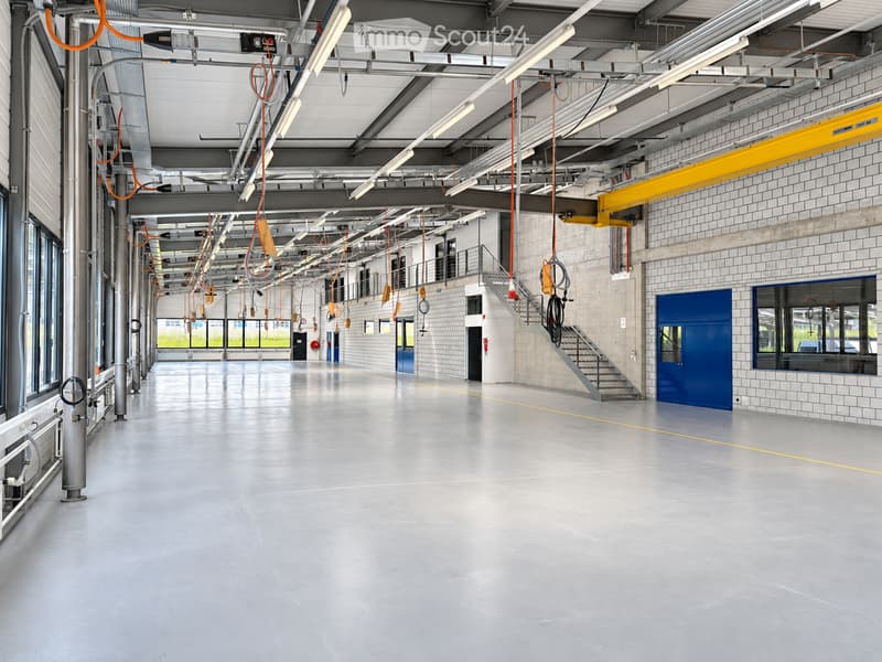 Wide, empty industrial-style corridor with grey concrete floor, exposed metal beams, and hanging orange safety equipment. Features large windows, blue doors, and a staircase leading to an upper level.