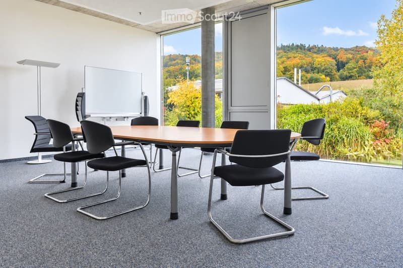 Modern conference room with a large wooden table, black chairs, and a large screen, overlooking a scenic landscape.