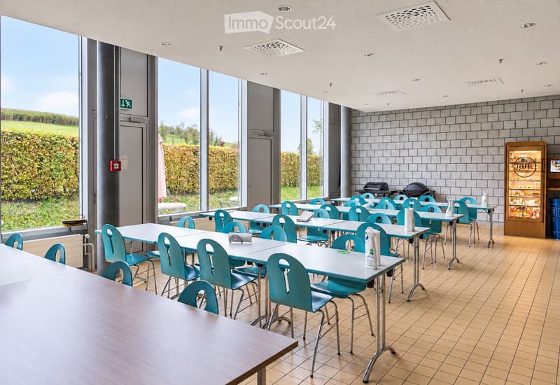 Bright cafeteria with multiple tables and chairs, a refrigerator, and a grill, large windows overlooking a green field.