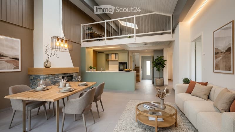 Modern open-plan living and dining area with a sofa, coffee table, dining table, and kitchen island. Features a fireplace, pendant light, and decorative vases with plants.