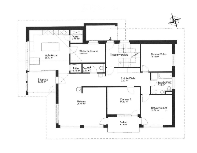 Floor plan of a residential space featuring a living area, kitchen, bedroom, bathroom, hallway, and balcony.
