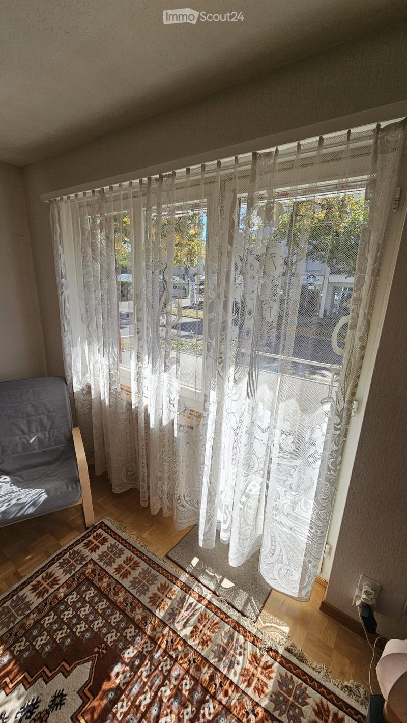 A cozy living space with a grey sofa, patterned rug, and sheer white curtains covering a large window that offers a view of the outdoors.