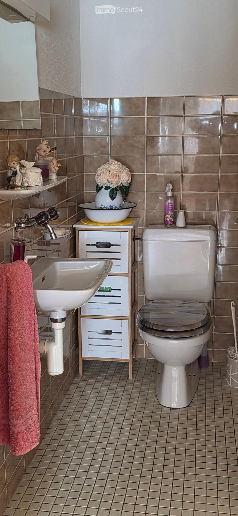 Bathroom with a toilet, sink, and small wooden cabinet. The sink has a faucet and a towel hanging on the side. A flower vase with roses sits on the cabinet, and a toilet brush is visible near the toilet.