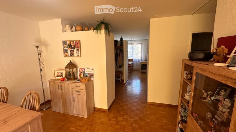 A well-lit living room with wooden flooring, a dining table and chairs, a cabinet, a floor lamp, a shelf with decorative items, and a television on a wooden stand.
