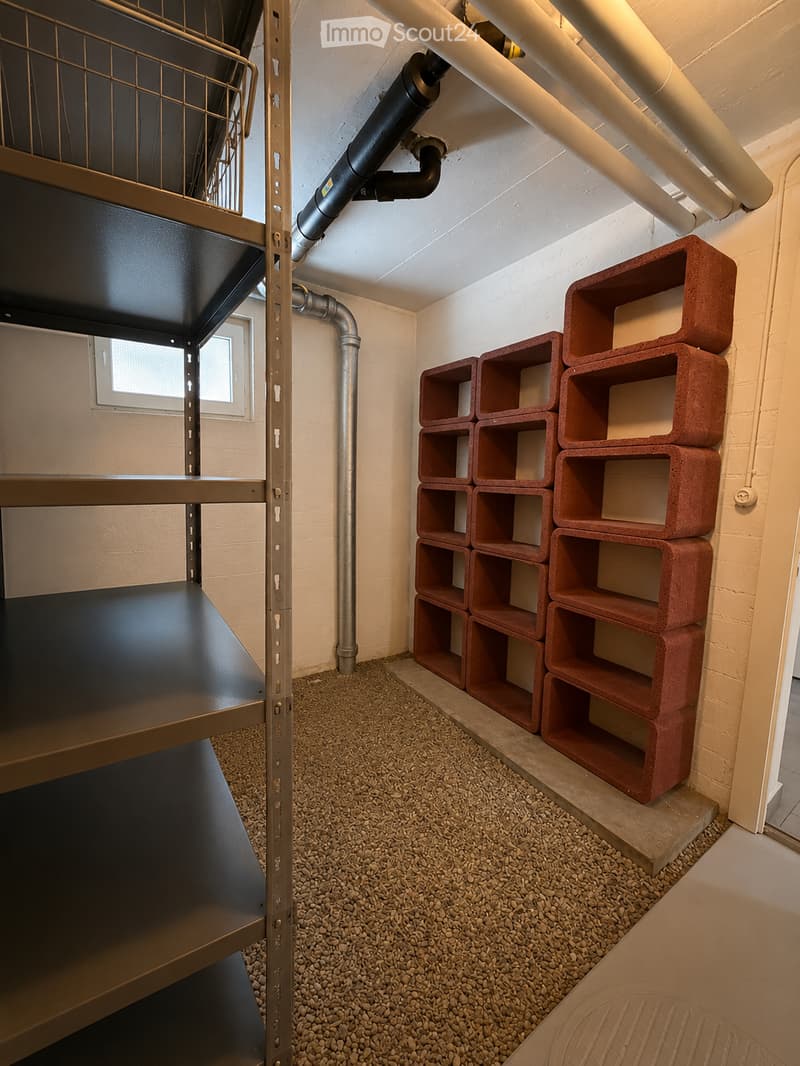 Modern loft-style room with a raised bed platform, built-in wooden shelves, exposed pipes, and a small window.