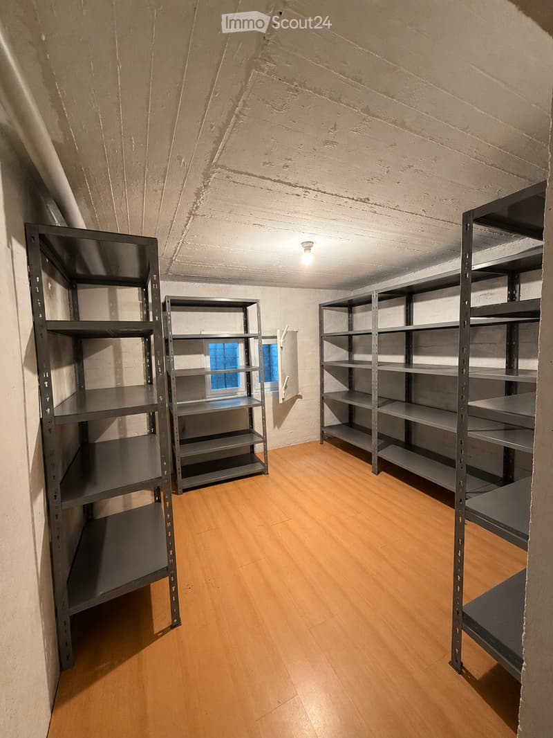 Empty room with wooden flooring, exposed brick walls, and metal shelving units. The room has a slanted ceiling and a small window with blue shutters.
