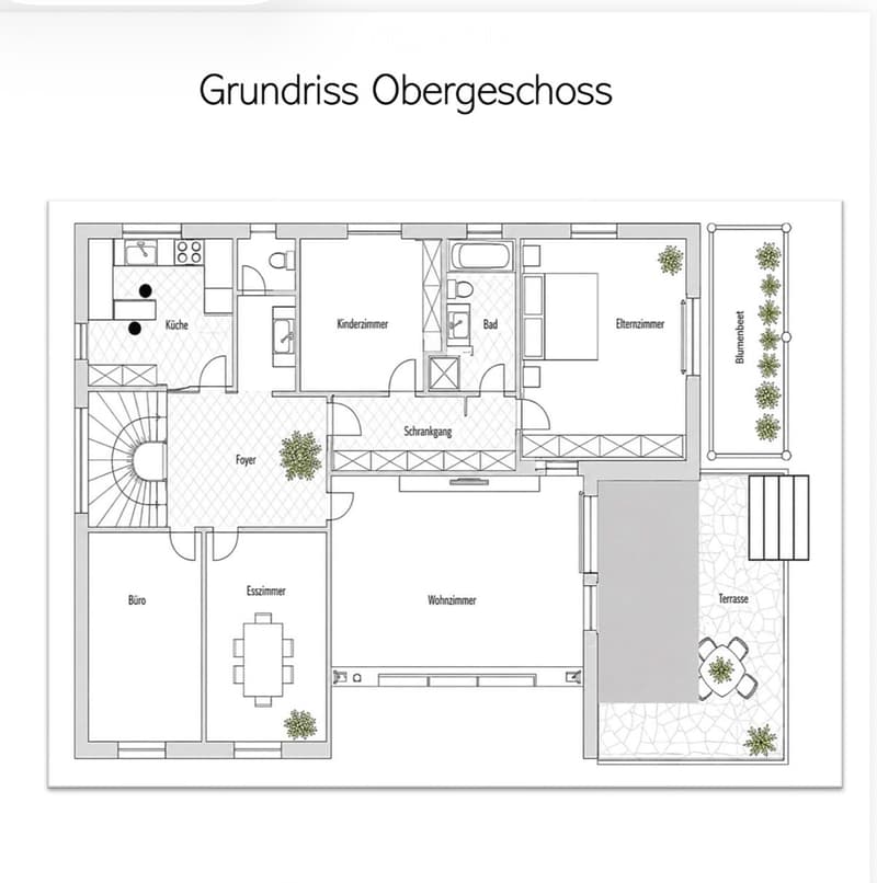 Floor plan of the upper floor showing a kitchen, children's room, bathroom, master bedroom, hallway, foyer, office, dining room, living room, and terrace with outdoor seating.