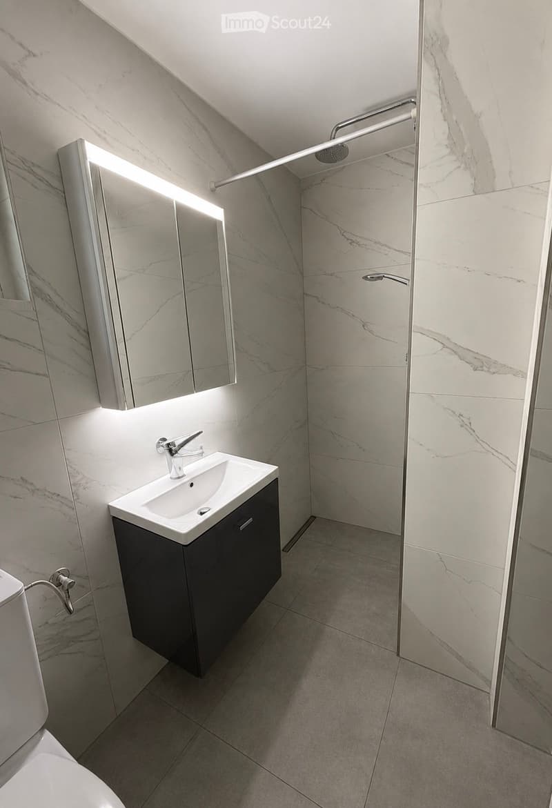 Modern bathroom with marble tiles, a white sink with a sleek faucet, a mirrored cabinet, and a toilet. The shower area features a glass enclosure and a modern showerhead.