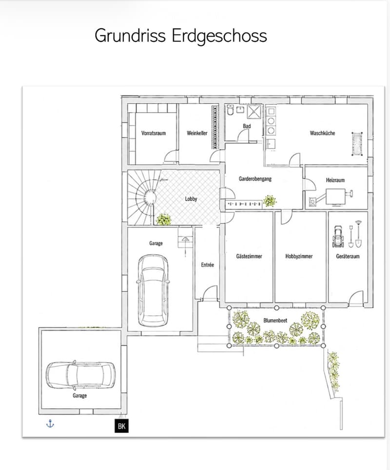 Ground floor plan showing layout with garage, lobby, guest room, hobby room, storage, wine cellar, bathroom, utility room, and garden area.