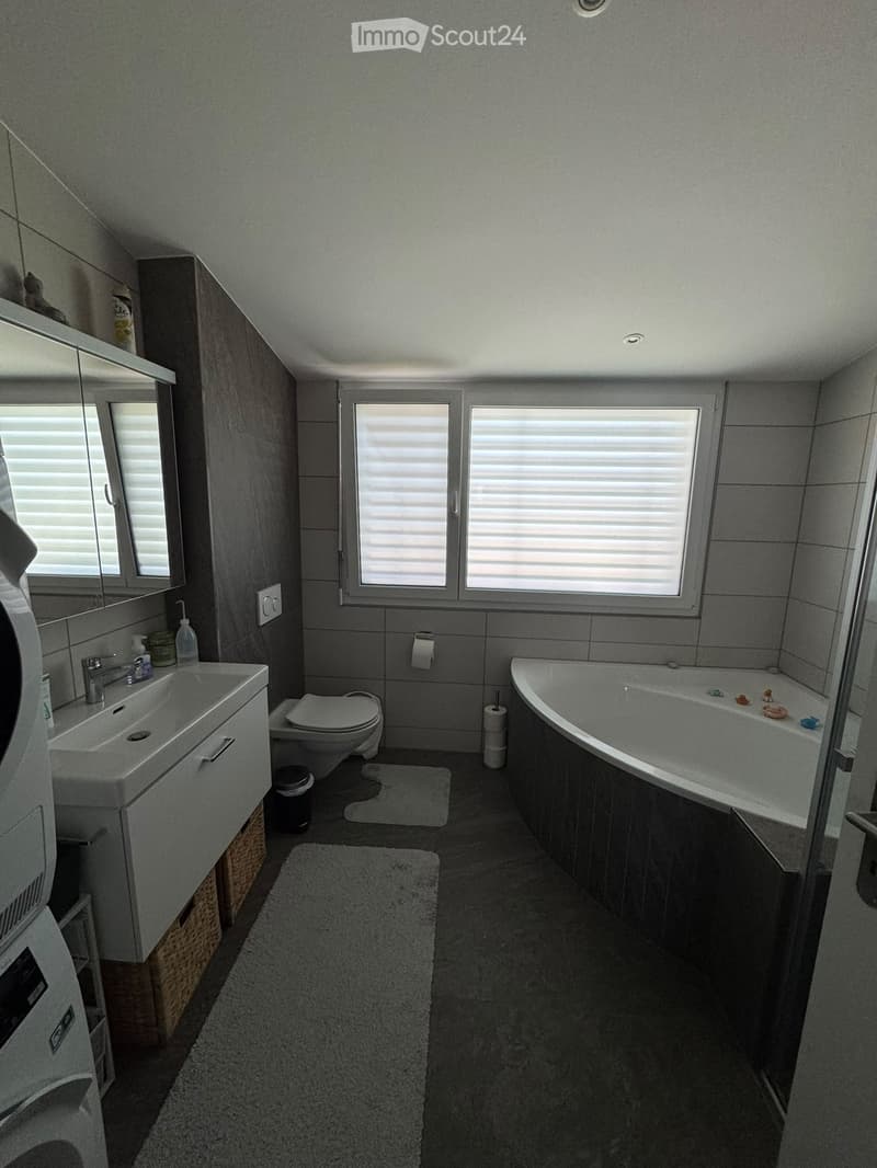 Modern bathroom with a white sink, toilet, bathtub, and large windows. Includes a mirror, cabinet, and bath mats on the floor.