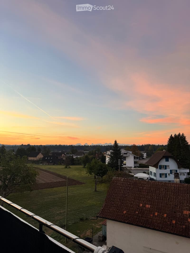 Balcony overlooking a rural landscape with houses, fields, and a sunset sky.