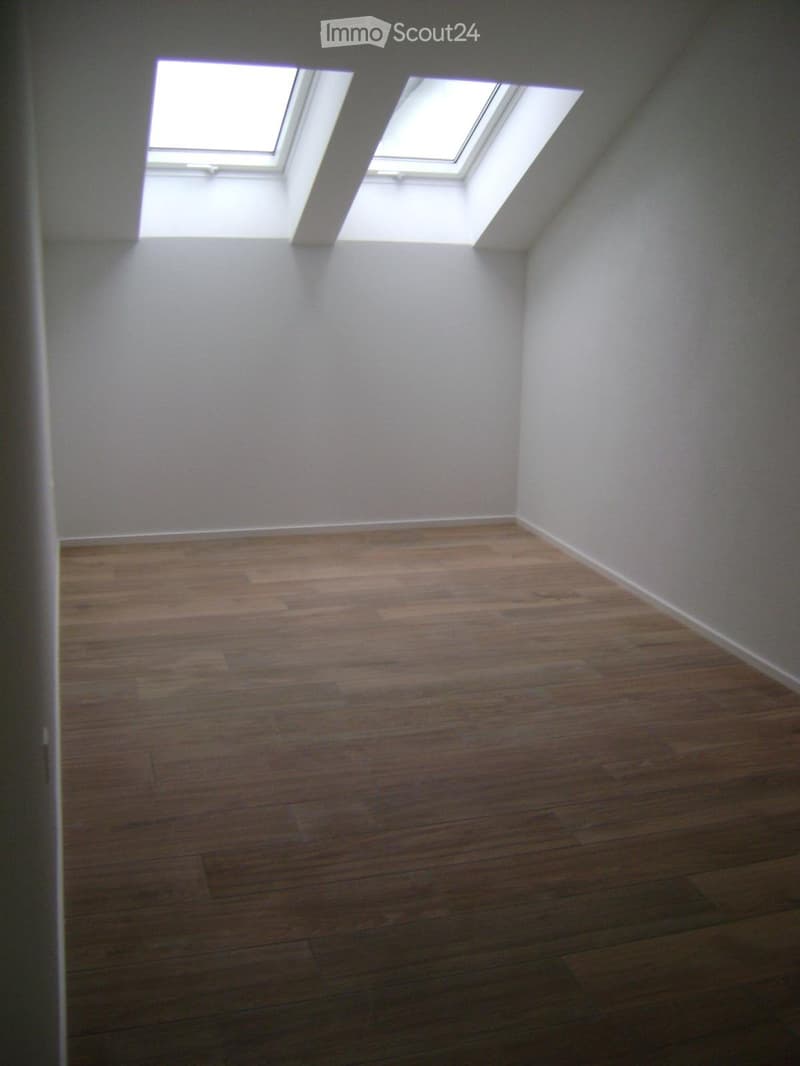 Empty room with wooden flooring and white walls, featuring two skylight windows at the top.