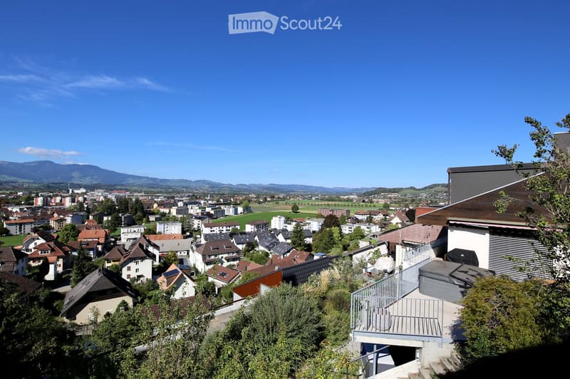 Panoramic view of a town with houses, green fields, and distant mountains under a clear blue sky.