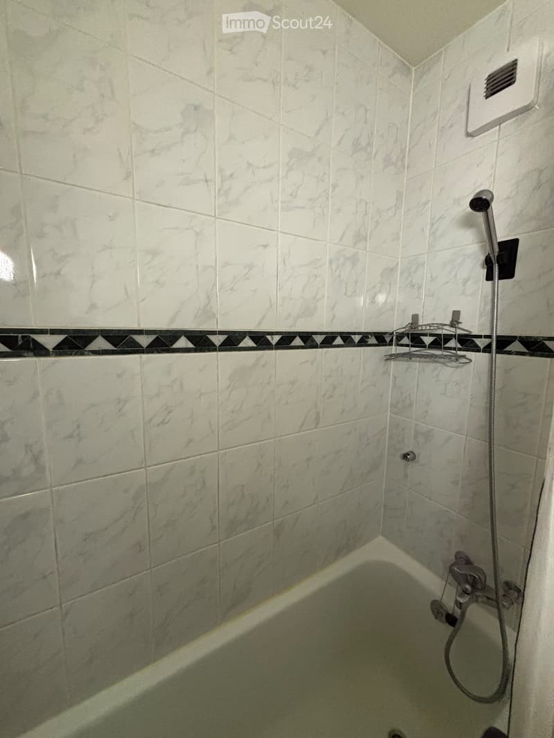 Bathroom with marble tiles, bathtub, showerhead, and a small shower rack on the wall.