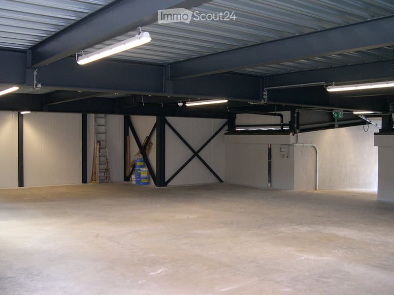 Empty garage with concrete floor, metal ceiling beams, fluorescent lighting, and a ladder leaning against the wall.
