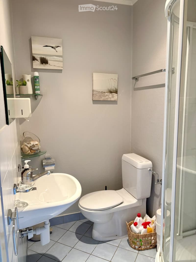 Modern bathroom with a white sink, toilet, glass shelf, and a small shower area. Includes a mirror, towel rack, and decorative picture frames.