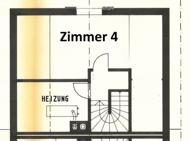 Floor plan of a room labeled "Zimmer 4" with a heating unit and a curved wall design.